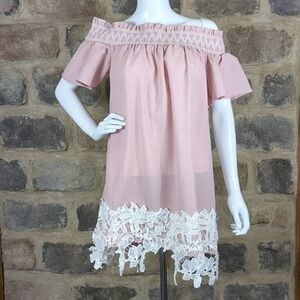 Tassels N‎ Lace Mini Dress Pink Off Shoulder Smocked Top Lace Boho Tunic Large